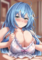 1boy 1girls ahoge blue_hair blush breasts breasts_squeezed_together circussion closed_mouth female heart heart_ahoge hololive hololive_gen_5 hololive_japan large_breasts light-skinned_female light-skinned_male light_skin long_hair motion_blur paizuri virtual_youtuber yellow_eyes yukihana_lamy yukihana_lamy_(4th_costume)