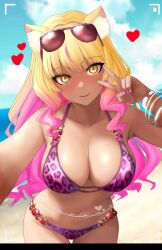 1girls alternate_version_available animal_ears beach beach_background big_breasts bikini bikini_bottom bikini_top blonde_hair blush blush blush_lines brown_skin brown_skinned_female camera_view fate/grand_order fate_(series) female female_only fox_ears heart heart_around_head leopard_print leopard_print_bikini long_hair nail_polish peace_sign pink_bikini pink_bikini_bottom pink_bikini_top pink_hair pink_highlights pink_nail_polish pink_nails raskasar solo solo_female sunglasses sunglasses_on_head suzuka_gozen_(fate) tan_body tan_skin tanned tanned_female tanned_skin two_tone_hair v yellow_eyes