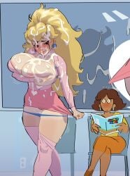 2girls bangs big_hair brown_hair covering_breasts cropped_legs cum_drip cum_on_body cum_on_breasts cum_on_face dark-skinned_female huge_breasts implied_after_sex mario_(series) multiple_girls panty_pull pink_skirt princess_daisy princess_peach running_mascara runny_makeup skirt_pull smile surprised very_long_hair walking whiteflagman wide_eyed