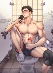 1boy abs balls_under_clothes bathroom_stall blush collarbone dark_hair erection glory_hole haikyuu!! knee_pads knee_up male male_only masturbation muscular_arms muscular_thighs onglai87 peeking_out sawamura_daichi shorts shorts_only sitting_on_toilet socks solo sweatdrop testicles_under_clothes trapezius volleyball_uniform watching_porn