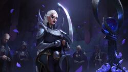 2boys 3girls alternate_breast_size black_lipstick black_markings blade diana_(league_of_legends) ear_piercing edit goth goth_girl huge_breasts league_of_legends legends_of_runeterra looking_at_another lustful_gaze moon official_artwork_edit riot_games sutton184_edits thick_thighs third-party_edit very_long_hair white_hair wide_hips