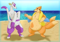 absurd_res alex.fetter beach belly big_belly digitigrade female feral floatzel floazel generation_4_pokemon generation_5_pokemon genitals hi_res kojondo mienshao nintendo nipples plantigrade pokemon pokemon_(species) pregnant pussy seaside