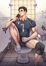 1boy balls_under_clothes bathroom_stall blush dark_hair erection_under_clothes fully_clothed glory_hole haikyuu!! knee_pads knee_up male male_only masturbation muscular_arms muscular_thighs onglai87 sawamura_daichi sitting_on_toilet socks solo sweatdrop testicles_under_clothes volleyball_uniform watching_porn