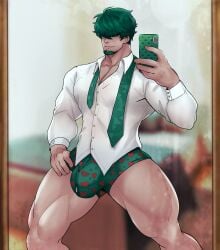 beard big_bulge bulge buttoned_shirt commission fire_emblem fire_emblem:_the_blazing_blade green_hair hair_covering_eyes heart_underwear lowen_(fire_emblem) male male_only mirror_selfie muscular_male muscular_thighs scruffley shirt smiling sole_male solo solo_male tie underwear untied_tie white_shirt