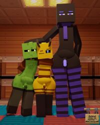 3d bee bee_(minecraft) black_body creeper dexiony'smc enderman femboy fishnets glowing_eyes glowing_genitalia green_fur group henbree_(dexiony'smc) image inside male_only minecraft monster nude posing stockings tagme text watermark yellow_fur