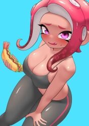 1girl 1girls above_view agent_8_(splatoon) awkward awkward_situation awkward_smile big_breasts blush breasts cleavage cleavage_overflow dark-skinned_female dark_skin fat_breasts food hand_on_thigh holding_food huge_breasts large_breasts legwear looking_at_viewer nobunagapero octoling octoling_girl peronattu pink_eyes pink_hair pink_skin splatoon splatoon_(series) splatoon_2 sports_bra tank_top tentacle tentacle_hair thick_breasts thick_thighs thighs tight_clothing