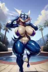 ai_generated anthro anthro_only anthrofied barefoot big_ass big_breasts blue_sky breasts curvaceous curvy curvy_body curvy_figure deep_navel female female_anthro female_only front_view furry furry_female furry_only gekkouga generation_6_pokemon greninja hips huge_breasts javvy large_ass large_breasts microbikini mostly_nude navel nintendo nude oiled oiled_body oiled_skin one_leg_up palm_tree pokémon_(species) pokemon pokemon_(species) pokemorph pose purple_bikini purple_swimsuit red_eyes seductive seductive_smile shiny_skin skimpy skimpy_bikini smile stable_diffusion swimming_pool swimsuit tropical voluptuous voluptuous_female wide_hips