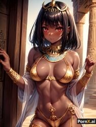 absurd_res ai_generated ancient_egypt ancient_egyptian belly_button belly_piercing black_hair blush bob_cut cameltoe dark_skin desert divine egyptian egyptian_female egyptian_mythology goddess gold_bikini gold_jewelry hair_ornament necklace red_eyes silk standing tan_body thigh_boots thighs