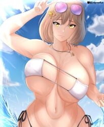 anis_(nikke) anis_(sparkling_summer)_(nikke) artist_name artist_signature background big_breasts bikini breasts breasts_jiggling brown_hair eyepatch_bikini goddess_of_victory:_nikke huge_breasts looking_at_viewer necklace official_alternate_costume rashjudgement short_hair sunglasses sunglasses_on_head swimwear unaligned_breasts venus_body voluptuous voluptuous_female water wide_hips