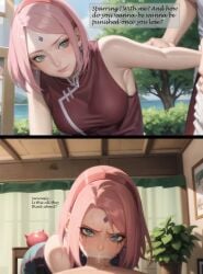 1girls 2koma ai_generated all_the_way_to_the_base angry annoyed annoyed_expression balls_deep boruto:_naruto_next_generations challenge confident confident_smile crying deepthroat dialogue earrings fellatio female forehead_mark haruno_sakura instant_loss instant_loss_2koma makeup mascara maske mature_female milf mother naruto naruto_(series) panels pov pov_crotch red_hairband running_mascara runny_makeup sakura_haruno saliva sloppy sloppy_blowjob smile smug speech stable_diffusion sweat tears text