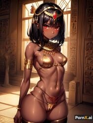 absurd_res ai_generated ancient_egypt ancient_egyptian belly_button belly_piercing black_hair blush bob_cut cameltoe dark_skin desert divine egyptian egyptian_female egyptian_mythology goddess gold_bikini gold_jewelry hair_ornament necklace red_eyes silk standing tan_body thigh_boots thighs