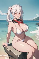 1girls ai_generated bikini female genderswap_(mtf) genshin_impact kaedehara_kazuha red_eyes rule_63 space_o_space stable_diffusion twintails white_hair