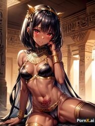 absurd_res ai_generated ancient_egypt ancient_egyptian belly_button belly_piercing black_hair blush bob_cut cameltoe dark_skin desert divine egyptian egyptian_female egyptian_mythology goddess gold_bikini gold_jewelry hair_ornament necklace red_eyes silk standing tan_body tattoo thigh_boots thighs