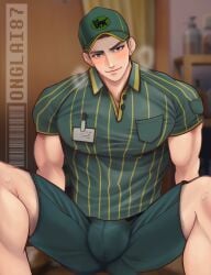 big_bulge blush blushing_at_viewer brown_hair bulge cap delivery_boy fully_clothed looking_at_viewer male name_badge name_tag onglai87 pectoral_bulge polo_shirt shorts smiling smiling_at_viewer solo steamy_breath sweat sweating
