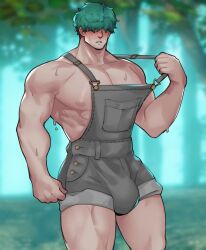 bara bara_tiddies bara_tits big_bulge big_pecs blush bulge bulge_through_clothing commission fire_emblem fire_emblem:_the_blazing_blade green_hair hair_covering_eyes lowen_(fire_emblem) male male_nipples male_only muscular_thighs overalls scruffley side_pec solo_male sweat sweating