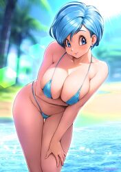 big_breasts bikini blue_bikini blue_eyes blue_hair bulma bulma_(dragon_ball) bulma_briefs curvy curvy_figure day dragon_ball earrings hand_on_own_breast hand_on_thigh leaning_forward leaning_to_the_side looking_at_viewer mature_female micro_bikini oyaman short_hair sky smile swimsuit thigh_grab thighs tight_clothes tight_clothing wide_hips