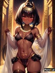 absurd_res ai_generated ancient_egypt ancient_egyptian belly_button belly_piercing black_hair blush bob_cut cameltoe dark_skin desert divine egyptian egyptian_female egyptian_mythology goddess gold_bikini gold_jewelry hair_ornament necklace red_eyes silk standing tan_body thigh_boots thighs