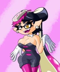 bacontactician black_hair breasts callie_(splatoon) cleavage cleavage_overflow curvy earrings gold_eyes huge_boobs huge_breasts inkling_girl looking_at_viewer pink_dress pink_hair pink_legwear purple_dress splatoon splatoon_(series) tacticalbacon84 thick_ass thick_hips thick_thighs tight_clothing white_collar white_gloves winking_at_viewer