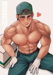 abs backwards_cap big_pecs blush blush blushing_at_viewer bulge bulge_through_clothing cap collarbone delivery_boy gloves green_eyes looking_at_viewer male male_nipples muscular_arms muscular_male muscular_neck on_knees onglai87 package pants_only pecs shirtless solo suggestive_look sweat sweating v-line veins veiny_arms