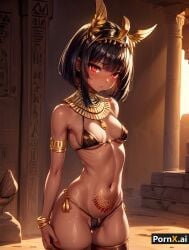 absurd_res ai_generated ancient_egypt ancient_egyptian belly_button belly_piercing black_hair blush bob_cut cameltoe dark_skin desert divine egyptian egyptian_female egyptian_mythology goddess gold_bikini gold_jewelry hair_ornament necklace red_eyes silk standing tan_body thigh_boots thighs