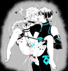 2boys aether_(genshin_impact) black_and_white carrying carrying_partner carrying_position censor_bar censored dominant_male femboy genshin_impact hoyoverse male male_focus male_only manipulation mihoyo penis_size_difference scaramouche_(genshin_impact) submissive_male tied_up tongue_kiss yaoi