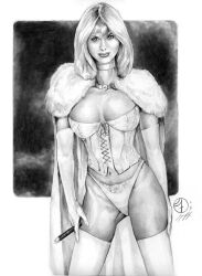 big_breasts black_and_white breasts cape choker cigarette cleavage corset elbow_gloves emma_frost grayscale hellfire_club jay_fife marvel marvel_comics navel panties realistic thighhighs white_queen x-men