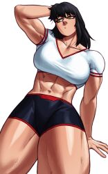 1girls abs absurd_res arm_support black_hair breasts collarbone commission crop_top hi_res large_breasts long_hair looking_away muscular muscular_female navel orange_eyes original shorts sidelocks simple_background solo sotcho thick_thighs white_background