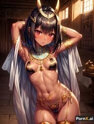 absurd_res ai_generated ancient_egypt ancient_egyptian belly_button belly_piercing black_hair blush bob_cut cameltoe dark_skin desert divine egyptian egyptian_female egyptian_mythology goddess gold_bikini gold_jewelry hair_ornament necklace red_eyes silk standing tan_body thigh_boots thighs