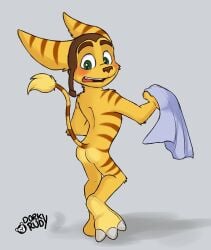 1boy artist_logo ass dorkyrudy embarrassed male male_only nude ratchet_(ratchet_and_clank) ratchet_and_clank solo tagme towel