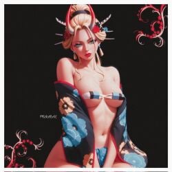 ai_generated beast_pirates belly_button big_breasts black_maria blonde_hair blue_eyes breasts earrings female female_only geisha giantess hair_ornament horns kimono navel oiran one_piece pirate prixmal red_lipstick waleed_qamar wano_country