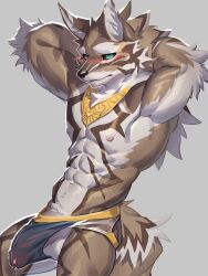 1boy 2023 3:4 abs absurd_res anthro areola athletic athletic_anthro athletic_male balls black_sclera blush brown_body brown_fur bulge canid canine canis clothing detailed_bulge fur genitals gold_(metal) gold_jewelry hi_res humanoid_genitalia humanoid_penis jackal jewelry lifewonders looking_at_viewer male male_only mammal penis seth_(tokyo_afterschool_summoners) solo tail tokyo_afterschool_summoners ty_arashi underwear white_body white_fur