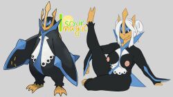 anthro beak bittervow black_body black_skin blue_body blue_eyes blue_skin breasts empoleon female generation_4_pokemon hair nintendo nipples nude pink_nipples pokemon pokemon_(species) raised_leg smile solo stretching white_hair yellow_body yellow_skin