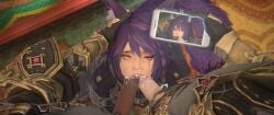 1girls 2boys after_deepthroat blowjob cat_ears chocolate_and_vanilla cum cum_in_mouth cum_out_nose dark-skinned_male double_barrel_blowjob double_fellatio ear_grab eye_contact fellatio filming final_fantasy_xiv gpose(ffxiv) grabbing grabbing_hair hand_on_head head_grab kneeling light-skinned_male makeup_running mascara mascara_tears miqo'te mmf_threesome oral oral_sex phone pov purple_hair recording recording_on_phone runny_makeup sucking sucking_penis taking_picture tandofloof threesome