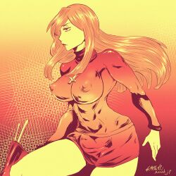 1futa big_breasts breasts bulge clothed clothing fully_clothed futa_only futanari huge_breasts human light-skinned_futanari light_skin long_hair monochrome muscular_futanari nousk orange_theme parasoul self_upload skullgirls solo