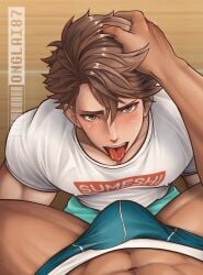 2boys abs blue_underwear blush blushing_at_viewer brown_eyes brown_hair bulge fully_clothed haikyuu!! hand_on_head head_grab holding_another's_head looking_at_viewer looking_up_at_viewer male male_only muscular_male muscular_thighs oikawa_tooru_(haikyuu!!) on_knees onglai87 pov shirt submissive_male tongue_out underwear underwear_bulge white_shirt yaoi