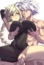 black_bodysuit blazblue blonde_hair bodysuit breasts commission commissioner_upload green_eyes groping heterochromia highres lambda-11 large_breasts ragna_the_bloodedge red_eyes sex vaginal_penetration white_hair xhaart