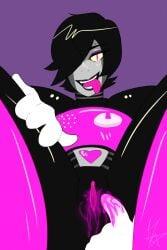 allway androgynous artist_request black_hair black_lipstick cuntboy cuntboy_only hair_over_one_eye intersex male_only mettaton mettaton_ex pink_pussy pussy pussy_juice robot robot_humanoid short_hair simple_background solo tongue tongue_out undertale undertale_(series) vagina