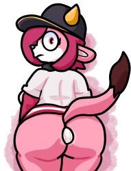 ass baseball baseball_cap big_ass bottomless bubble_butt buffalo_bell hat horns huge_ass lewdewott looking_at_viewer looking_back orix_buffaloes pink_eyes pink_hair rear_view short_hair standing tail thick_thighs wide_hips