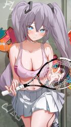 1girls azur_lane bangs bare_shoulders choker cleavage collarbone eagle_union_(azur_lane) earrings graffiti grey_hair hair_ornament holding_object intrepid_(azur_lane) large_breasts light-skinned_female light_skin long_hair looking_at_viewer midriff mole_on_breast racket sidelocks skirt sports_bra tennis_uniform thighs twintails vayneeeee