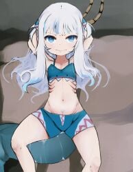 angry arms_behind_head blue_eyes flat_chest gawr_gura gills hololive hololive_english hololive_myth meweeze shorts sports_bra virtual_youtuber white_hair wide_hips