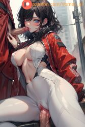 1girls ai_generated big_breasts black_hair blowjob breasts cow_girl cowgirl_position curvy curvy_figure holding_penis leggings looking_at_viewer open_clothes rogue_company ronin_(rogue_company) seductive short_hair sitting sucking_penis thick_thighs thighs vornex_ai