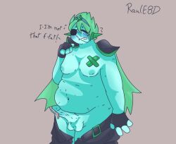 1boy blue_skin captain_spaceboy chubby chubby_male cum cum_drip dick fat_man green_hair male_only nervous nervous_smile nervous_sweat omori penis silly solo_male space_boyfriend