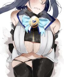 face_out_of_frame hololive hololive_english hololive_english_-council- hololive_english_-promise- huge_breasts meweeze ouro_kronii ribbon sharp_teeth steam sweat thick_thighs thigh_highs virtual_youtuber