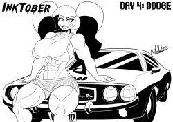 1girls abs big_breasts breasts car clothing demon demon_girl dodge_challenger female female_only hazbin_hotel inktober looking_at_viewer mrmelted shorts sitting sitting_on_car smile solo thick_thighs thunder_thighs tied_shirt vehicle velvette_(hazbin_hotel) wide_hips
