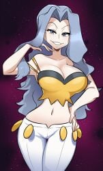 1girls cleavage huge_breasts karen_(pokemon) long_hair midriff missandydandy navel off_shoulder pokemon pokemon_hgss silver_hair smiling_at_viewer solo