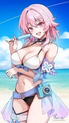 1girls beach bikini blue_eyes breasts cleavage cute female foxy_rain_(foxyreine) foxyrain foxyrain_(foxyreine) foxyreine hips honkai:_star_rail honkai_(series) large_breasts light_skin march_7th_(honkai:_star_rail) outdoors pink_hair slim_waist smile thick_thighs thighs wide_hips