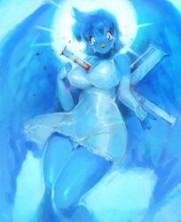 absurd_res anthro avian big_breasts bird blood blue_body blue_feathers bodily_fluids breasts cleavage clothed clothing feathers female fullmontis gore hi_res impalement meme panties solo translucent translucent_clothing tweetfur twitter underwear x_(social_media)