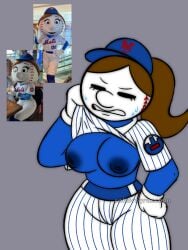 alternate_version_available annoyed annoyed_expression baseball_cap baseball_uniform blue_body breasts brown_hair closed_eyes clothed clothes clothing exposed_breasts gloves lifting_shirt mrs._met new_york_mets ponytail reference_image self_upload simple_background sohornyraccoon sweat sweatdrop sweating watermark wiping_sweat wiping_with_shirt