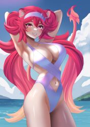 1girls animal_ears arms_behind_head ass beach belly_button big_breasts chimera estebaneishon1 gradient_hair headband hot_pink_hair latam_virtual_youtuber lion_tail lunaria_ayaren one-piece_swimsuit pose shiny_skin slim_waist smile solo swimsuit thighs twintails virtual_youtuber vtuber vtuberfanart youtube_hispanic