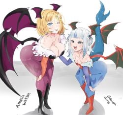 2girls bat_wings bent_over blonde_hair body_stocking clothing cosplay darkstalkers gawr_gura high_heels hololive hololive_english hololive_myth large_breasts large_butt leotard lilith_aensland_(cosplay) looking_at_viewer meweeze morrigan_aensland_(cosplay) small_breasts tail tongue_out virtual_youtuber watson_amelia white_hair winking_at_viewer